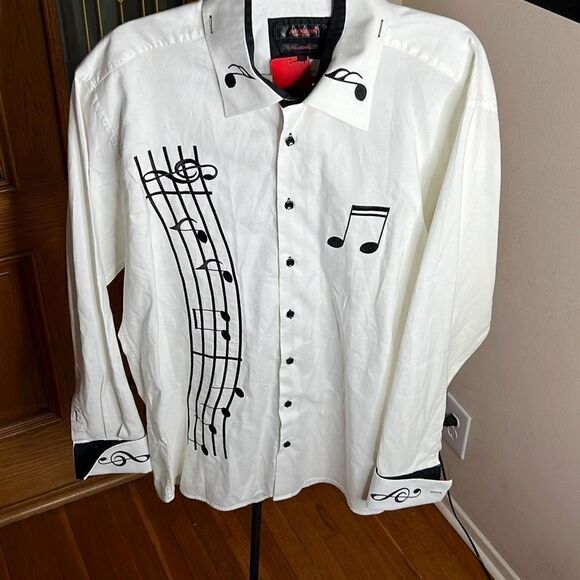 Axxess White Cotton Black Music Notes Embroidery High Collar French Cuff Shirt 3 - Picture 2 of 7